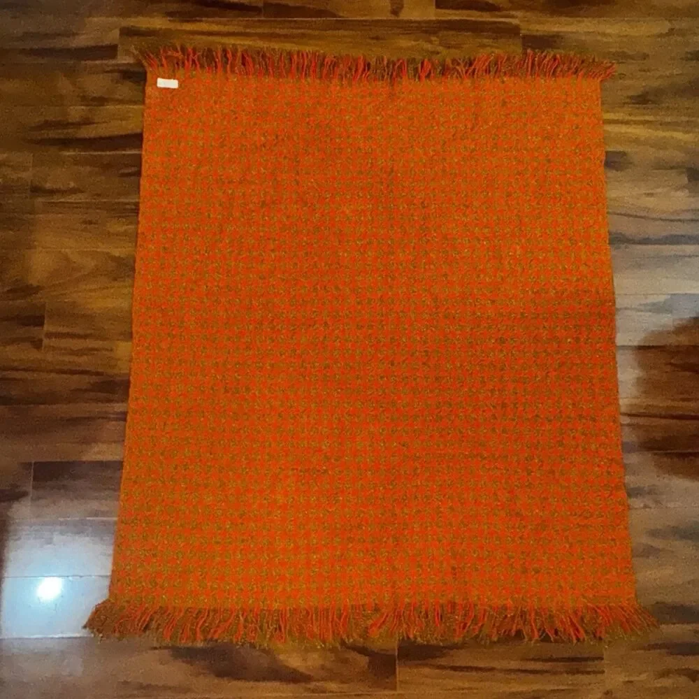 Vintage 60s 70s Pendleton Wool Houndstooth Fringed Throw Blanket Orange 53 x 62